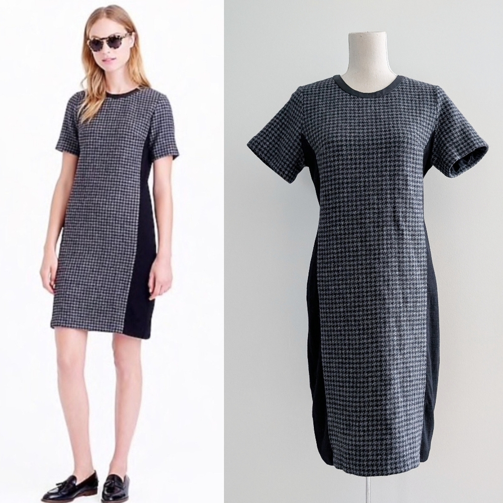 J Crew Houndstooth Pattern Wool Dress With Leather Trim Size 8